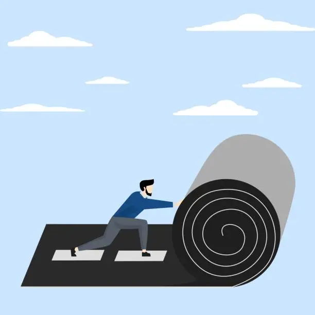 Vector illustration of Concept Develop career path, create success path, start new path to achieve target or plan ahead entrepreneur with their own path concept, confident entrepreneur rolls road carpet to walk towards goal.