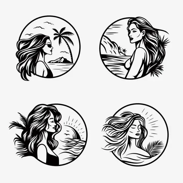 Vector illustration of Black and White Emblems with Beautiful Girl, Young Woman Portrait. Attractive Woman Design Template Set. Beautiful Model. Beauty Portrait of Summer Girl, Surf Womans Face. Vector Illustration