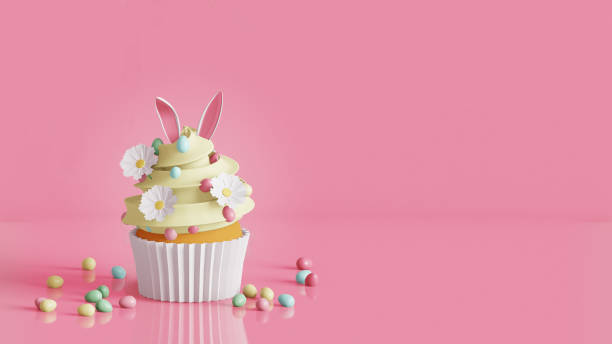 istock Easter cupcake decorated bunny ears, chamomiles and egg candies. 3D render 1467008392