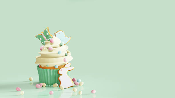 istock Easter cupcake decorated gingerbread cookies and egg candies. 3D render 1467008417