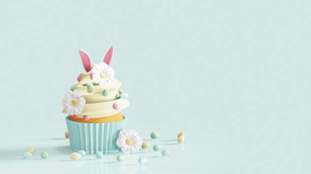 istock Easter cupcake decorated bunny ears, chamomiles and egg candies. 3D render 1467008423