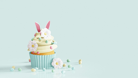 Easter cupcake decorated bunny ears, chamomiles and egg candies. 3D render