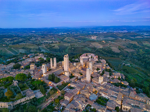 San Gimignano, old Tuscan town in Italy from drone