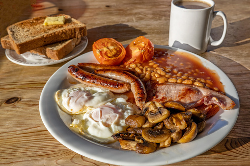 Traditional Full English Breakfast with Eggs, Bacon, Sausage, and Baked Beans