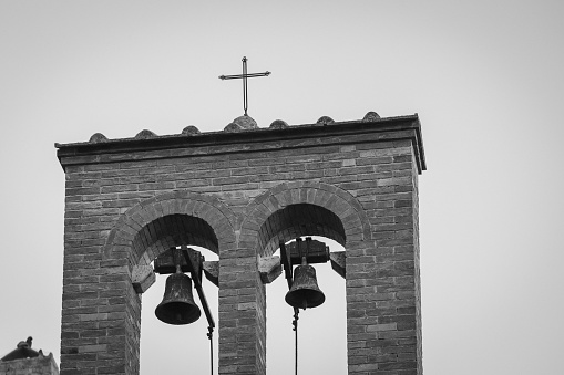 Rome, Ostiense neighborhood. Perspective of the bell Tower of Basilica of Saint Paul Outside the Walls.