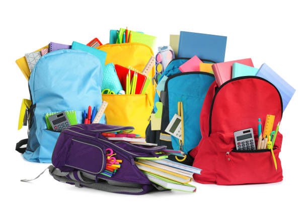 istock Set with different backpacks and school stationery on white background 1467011854