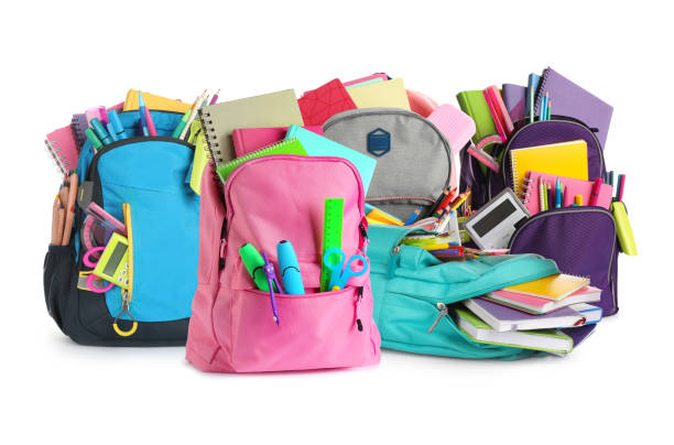 istock Set with different backpacks and school stationery on white background 1467012565