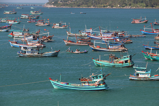 Ships anchored after sea voyages, Nghe island, Kien Giang province