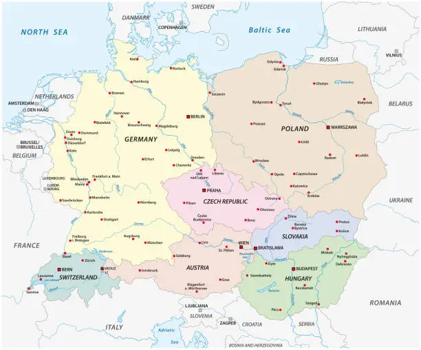 Vector illustration of Vector map of the states of Central Europe