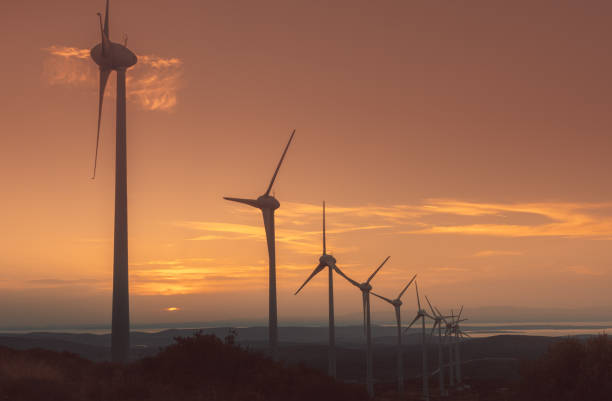 Aerial view large group of eco system wind turbines power generation station on green field in rural landscape in countryside in sunny summer sunshine time. xxxl size