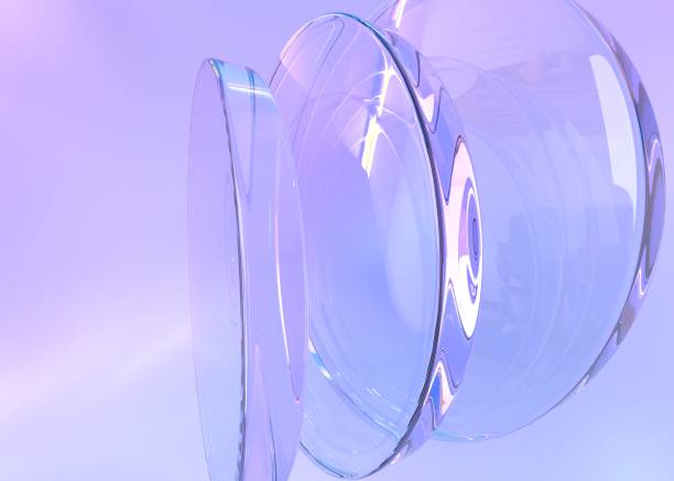 istock Abstract geometric background with iridescent crystal round disks 3d render. Glass transparent circle discs or plates with reflection and flare on purple backdrop close up, wallpaper 1467018259