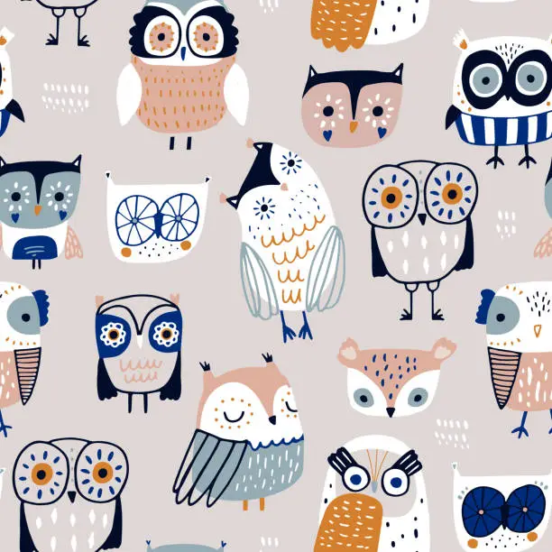 Vector illustration of Seamless scandinavian style pattern with cute colourful owls. Childish hand drawn owl birds background. Ideal for fabrics, textiles, apparel, wallpaper.