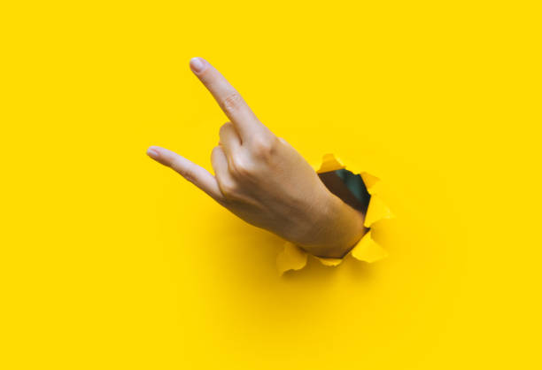 A left woman's hand shows a rock and roll gesture, a party, a goat on a yellow background with a torn hole in the paper. stock photo