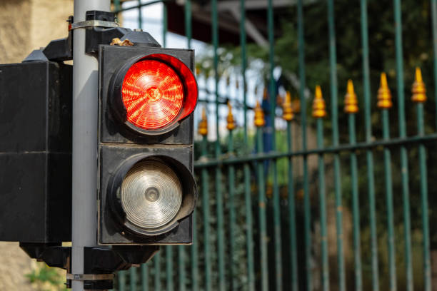 istock Close up of a traffic light on red 1467021443