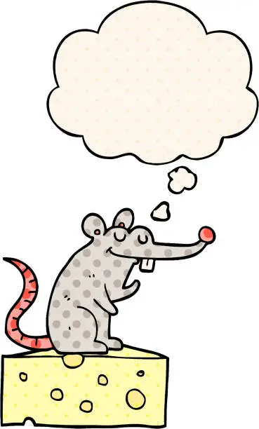 Vector illustration of cartoon mouse sitting on cheese with thought bubble in comic book style