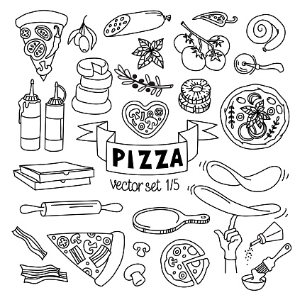 Pizza types, slices and cooking ingredients for pizzeria menu and pizza delivery. Vector illustration. Outline stroke is not expanded, stroke weight is editable
