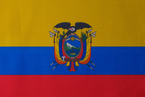 Flag of Ecuador blowing in the wind. \nFull page Qatari flying flag.