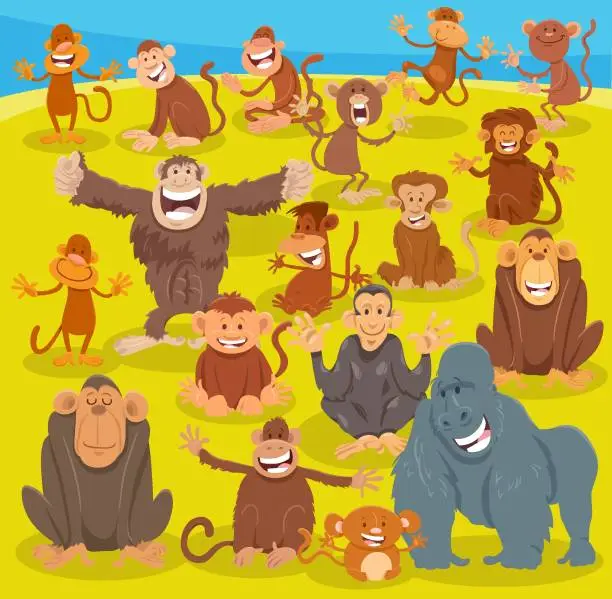 Vector illustration of happy cartoon monkeys and apes animal characters group