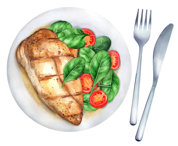 Chicken breast with spinach on a plate. Watercolor illustration