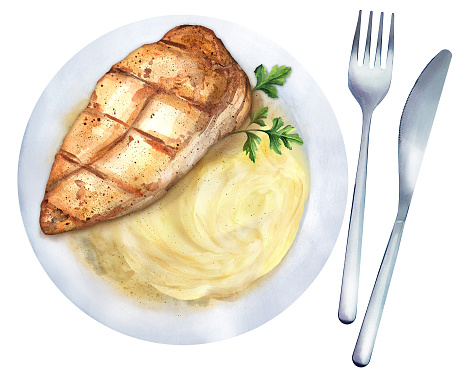 White plate with chicken fillet with mashed potatoes. Hand-drawn watercolor illustration. Suitable for menus, cookbook and restaurant. Top view