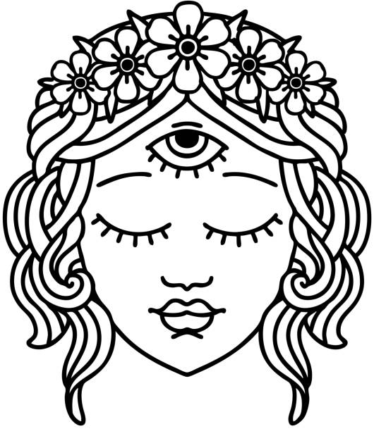 tatuaż w stylu czarnej linii kobiecej twarzy z trzecim okiem i koroną kwiatów - third eye illustrations stock illustrations