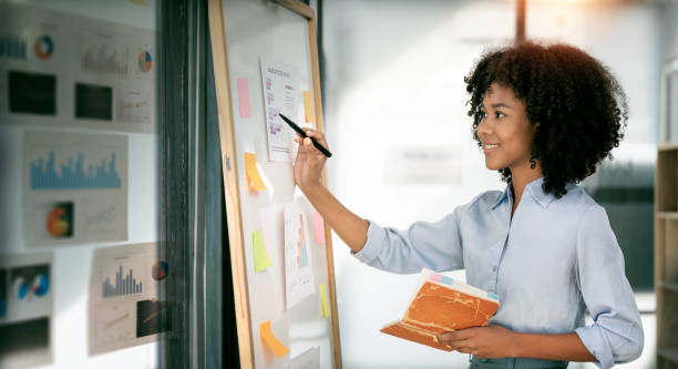istock Young smiley attractive, businesswoman using sticky notes on white board to writing strategy business plan to development grow to success 1467036016
