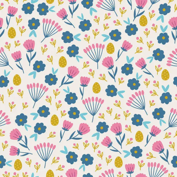 Vector illustration of Easter seamless pattern with colorful flowers and eggs. Vector illustration