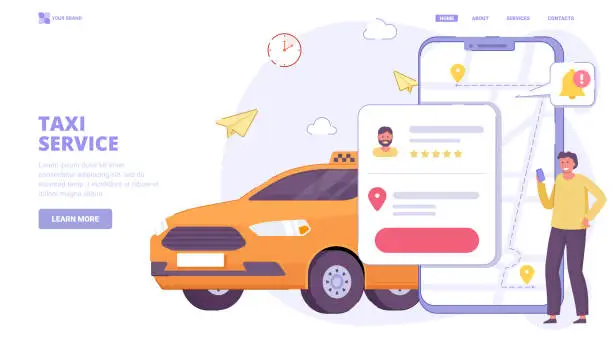 Vector illustration of Taxi application, order taxi online. Flat design concept with characters for landing page. Vector illustration for website, banner.