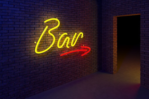 Entrance to the bar. On the brick wall there is a luminous multi-colored neon inscription bar with an arrow. Loft interior style. 3d rendering.