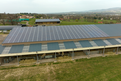 Aerial view of blue photovoltaic solar panels mounted on farm building roof for producing clean ecological electricity. Production of renewable energy concept.