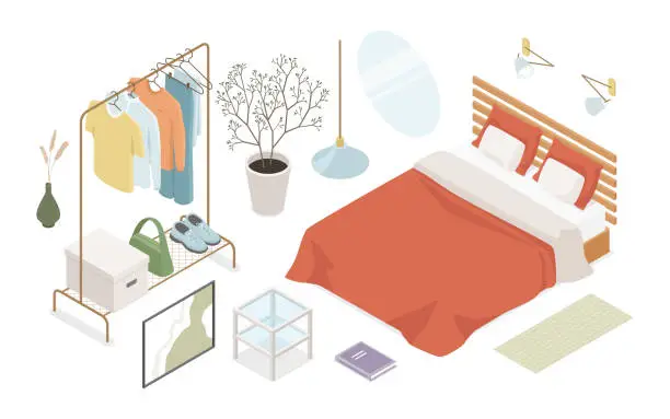 Vector illustration of Furniture for bedroom and dressing room - modern isometric illustrations set