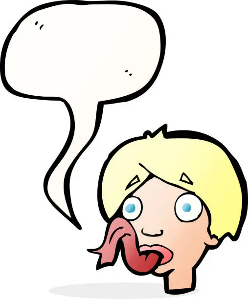 Vector illustration of cartoon head sticking out tongue with speech bubble