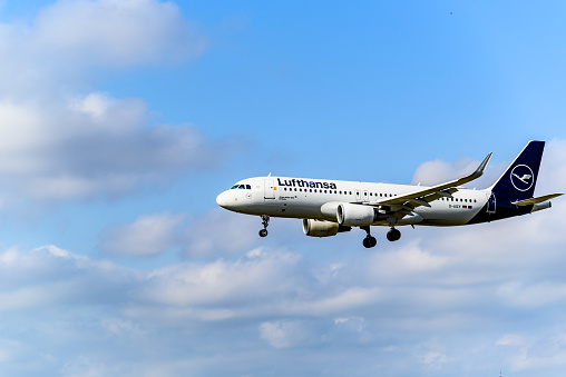 Barcelona, Spain; October 09, 2022: Airbus A320 aircraft of the Lufthansa company, landing at the Josep Tarradellas Airport in Barcelona-El Prat