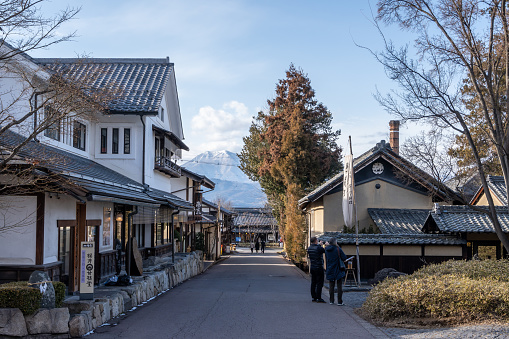 Entrance and surrounding shops near hokusai museum in Obuse, Japan. Taken on January 22 2023