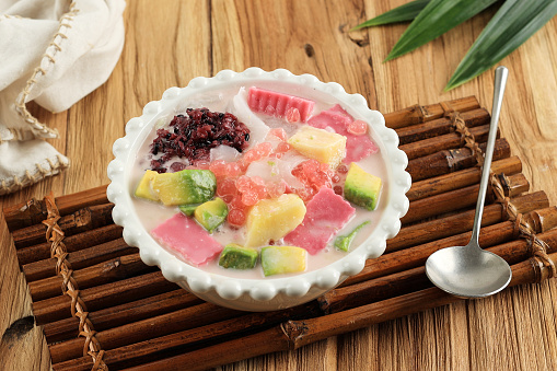 Es Goyobod Campur, Bandung Mix Fruit Popular Street Food for Buka Puasa. Made from Starch Pudding with Various Topping