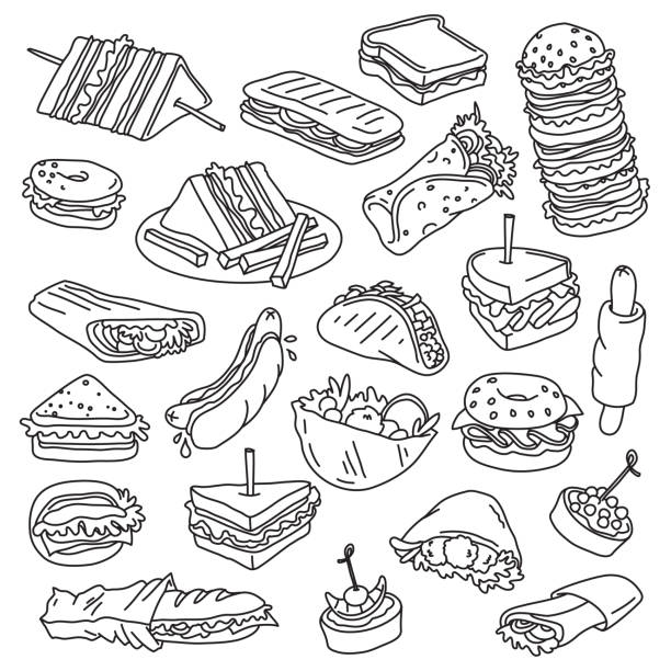 Sandwiches, burgers, tacos, falafel Different types of fast food meals. Vector drawings set. Outline stroke is not expanded, stroke weight is editable sandwich club sandwich lunch restaurant stock illustrations