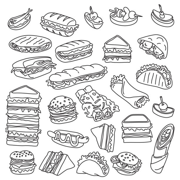 illustrazioni stock, clip art, cartoni animati e icone di tendenza di panini, hamburger, tacos, falafel - antipasto immagine