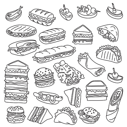 Different types of fast food meals. Vector drawings set. Outline stroke is not expanded, stroke weight is editable