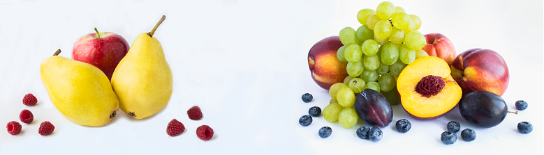 Fruit and berry on the white background. Copy space. Banner. Close-up.