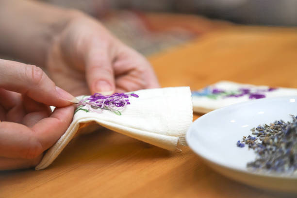 istock Making lavender aromatherapy sachet with floral embroidery at home. Zero waste DIY gift. Photo with selective focus 1467048475