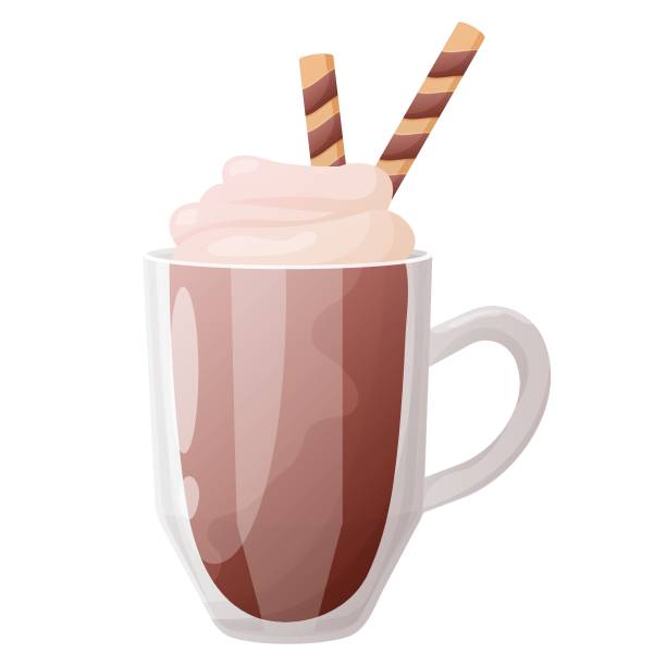 ilustrações de stock, clip art, desenhos animados e ícones de cocoa with cream and wafer rolls in a glass - hot chocolate hot drink heat drinking