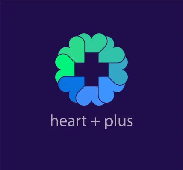 Vector illustration of Health plus and intertwined Heart family logo.