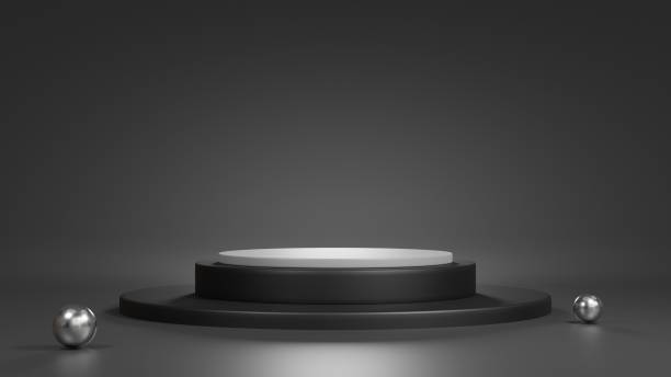 istock Podium 3D on black backdrop.Product display presentation.Abstract scene dark background.Gray circle stand.Pedestal product on Minimal scene.Geometric platform show cosmetic product,mockup.3D rendering 1467059178