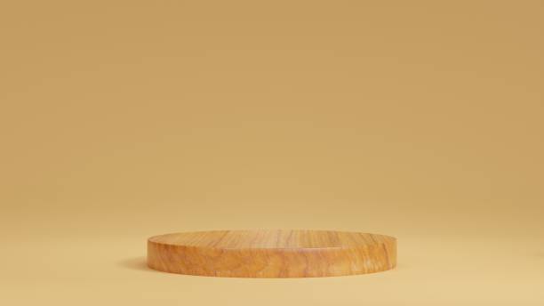 istock Podium 3D on brown backdrop.Product display presentation.Abstract scene yellow background.wooden stand.Pedestal product on Minimal scene.Geometric platform show cosmetic product, mockup.3D rendering 1467060062