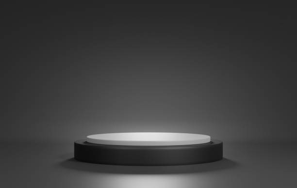 istock Podium 3D on black backdrop.Product display presentation.Abstract scene dark background.Gray circle stand.Pedestal product on Minimal scene.Geometric platform show cosmetic product,mockup.3D rendering 1467060208