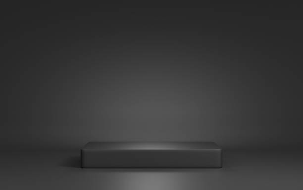 istock Podium 3D on black backdrop.Product display presentation.Abstract scene dark background.Gray square stand.Pedestal product on Minimal scene.Geometric platform show cosmetic product,mockup.3D rendering 1467060217