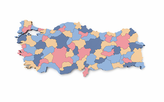 3d Render Turkey World State Boundary Map, Pastel Color, Object + Object Shadow Clipping Path (isolated on white)