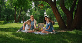Happy family enjoy picnic in summer park. Cheerful people lunching on grass.