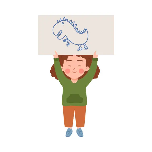 Vector illustration of Happy kid girl holding overhead paper with dinosaur drawing flat style