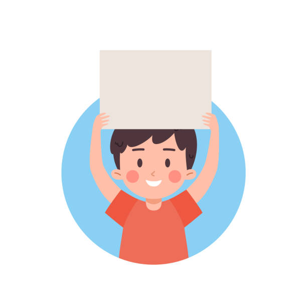 Happy kid boy holding paper overhead flat style, vector illustration Happy kid boy holding paper overhead flat style, vector illustration isolated on white background. Empty paper sheet, design element, glad child character person holding frame over face stock illustrations